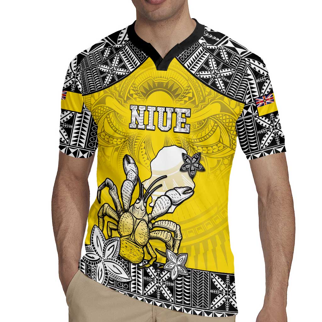 Personalised Happy Niue Constitution Day Rugby Jersey Niuean Crab Hiapo Pattern Yellow Version