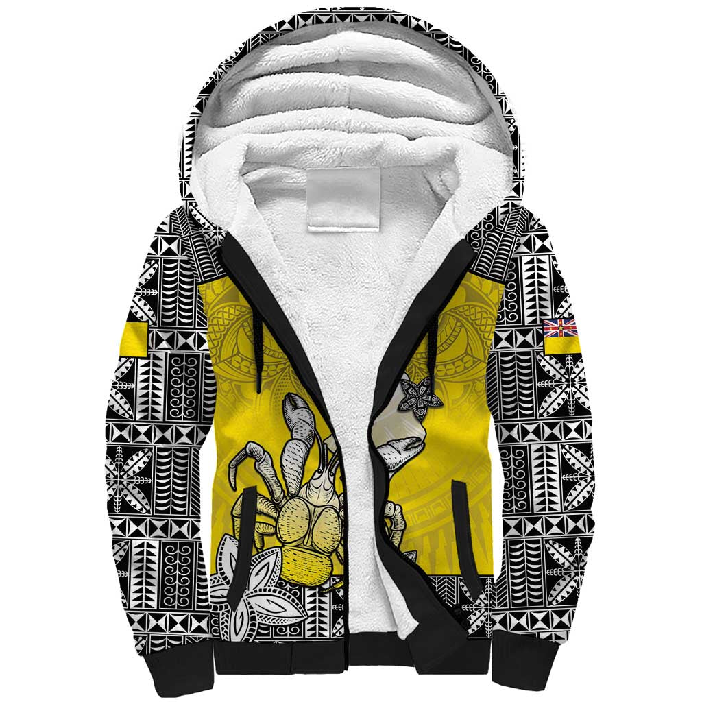 Personalised Happy Niue Constitution Day Sherpa Hoodie Niuean Crab Hiapo Pattern Yellow Version LT05 Unisex Yellow - Polynesian Pride