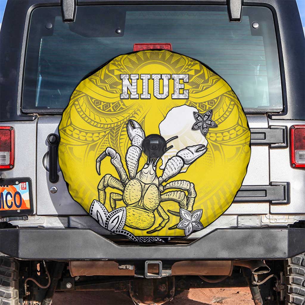 Happy Niue Constitution Day Spare Tire Cover Niuean Crab Hiapo Pattern Yellow Version