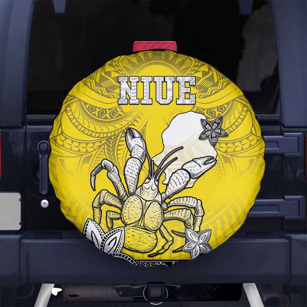 Happy Niue Constitution Day Spare Tire Cover Niuean Crab Hiapo Pattern Yellow Version LT05 - Polynesian Pride