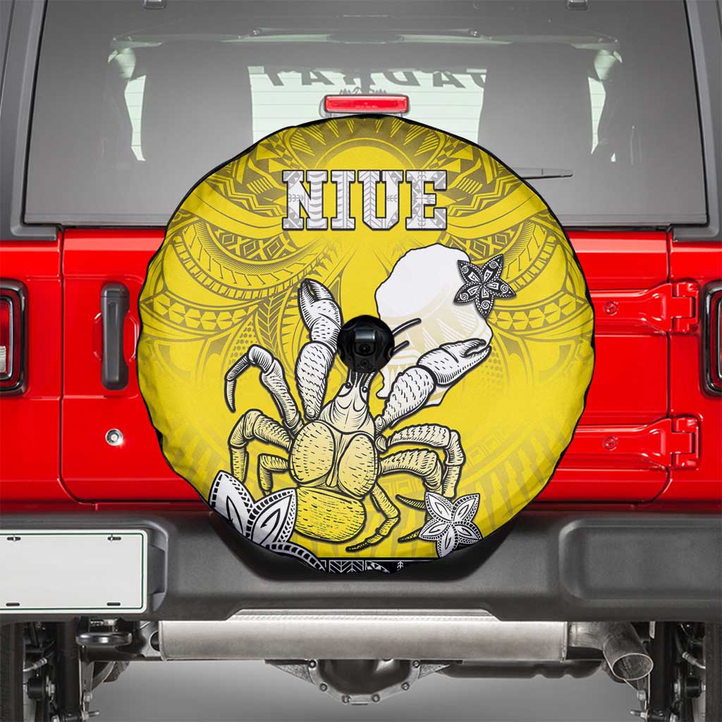 Happy Niue Constitution Day Spare Tire Cover Niuean Crab Hiapo Pattern Yellow Version LT05 - Polynesian Pride