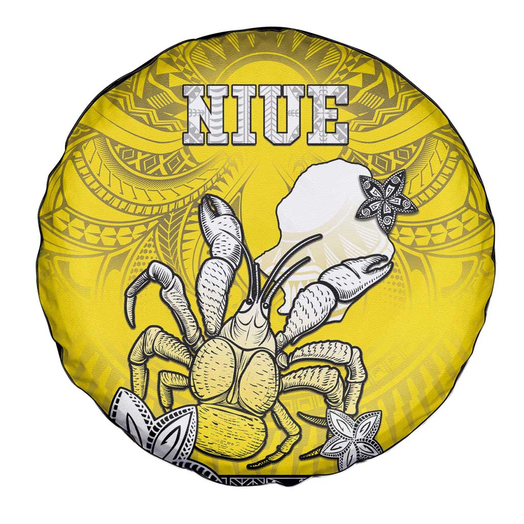 Happy Niue Constitution Day Spare Tire Cover Niuean Crab Hiapo Pattern Yellow Version LT05 - Polynesian Pride