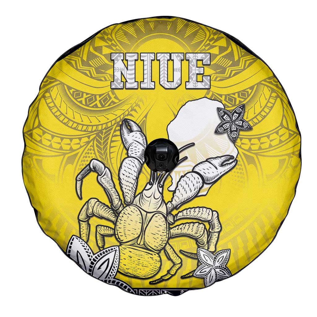 Happy Niue Constitution Day Spare Tire Cover Niuean Crab Hiapo Pattern Yellow Version LT05 - Polynesian Pride