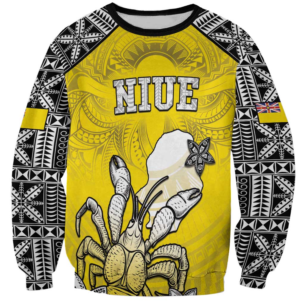 Personalised Happy Niue Constitution Day Sweatshirt Niuean Crab Hiapo Pattern Yellow Version LT05 Unisex Yellow - Polynesian Pride