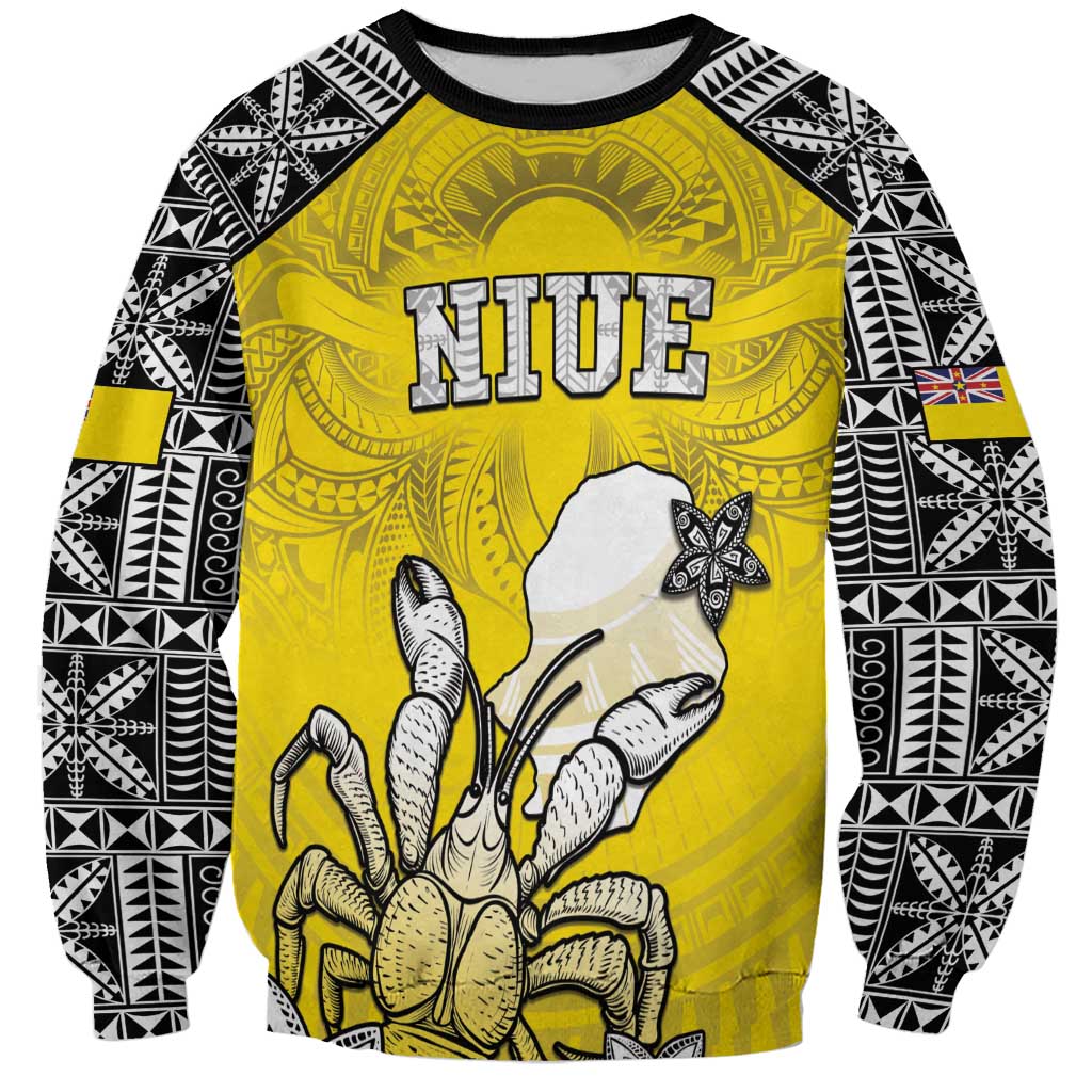 Personalised Happy Niue Constitution Day Sweatshirt Niuean Crab Hiapo Pattern Yellow Version