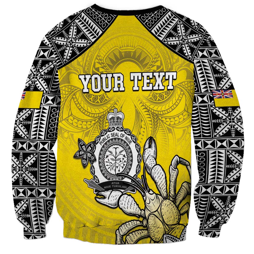 Personalised Happy Niue Constitution Day Sweatshirt Niuean Crab Hiapo Pattern Yellow Version LT05 - Polynesian Pride