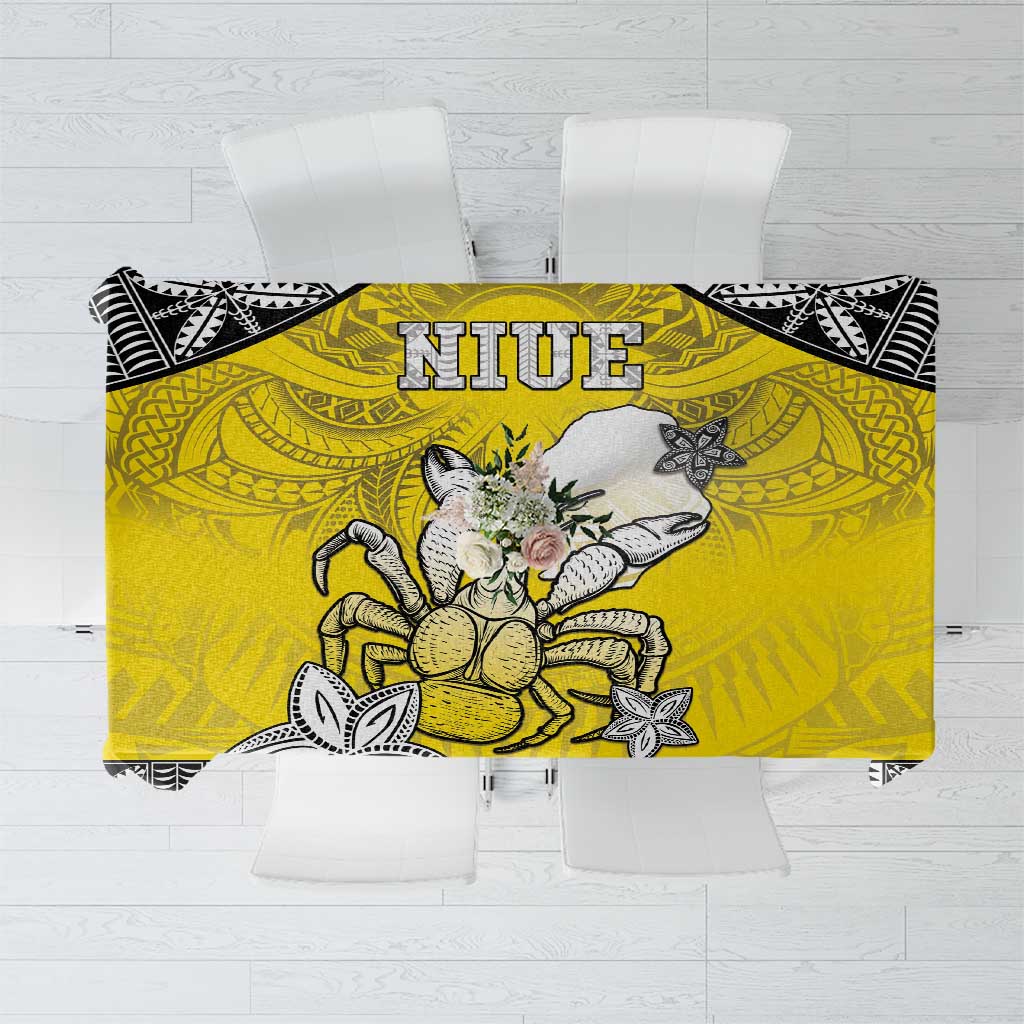 Happy Niue Constitution Day Tablecloth Niuean Crab Hiapo Pattern Yellow Version