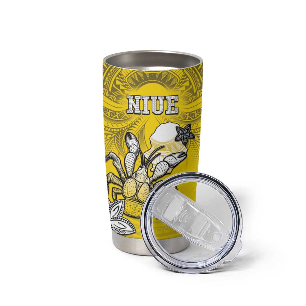 Personalised Happy Niue Constitution Day Tumbler Cup Niuean Crab Hiapo Pattern Yellow Version LT05 - Polynesian Pride
