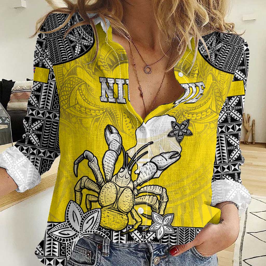 Personalised Happy Niue Constitution Day Women Casual Shirt Niuean Crab Hiapo Pattern Yellow Version