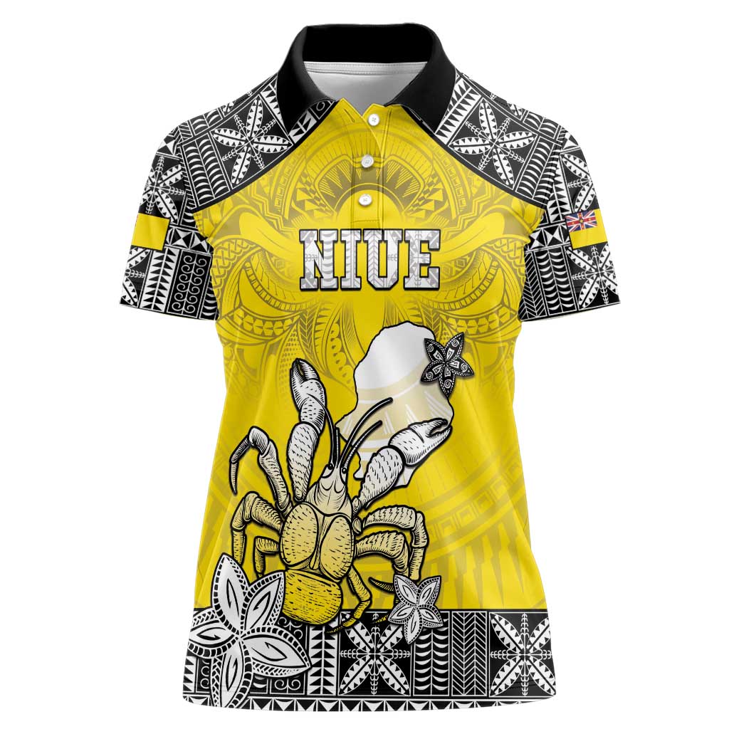 Personalised Happy Niue Constitution Day Women Polo Shirt Niuean Crab Hiapo Pattern Yellow Version