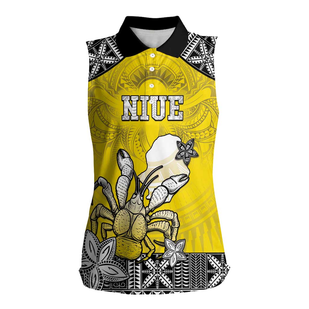 Personalised Happy Niue Constitution Day Women Sleeveless Polo Shirt Niuean Crab Hiapo Pattern Yellow Version