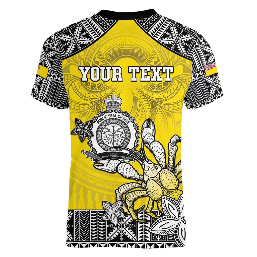 Personalised Happy Niue Constitution Day Women V-Neck T-Shirt Niuean Crab Hiapo Pattern Yellow Version