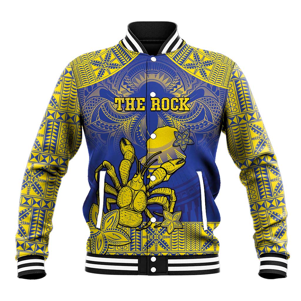 Personalised Niue The Rock Baseball Jacket Niuean Crab Hiapo Pattern Blue Version