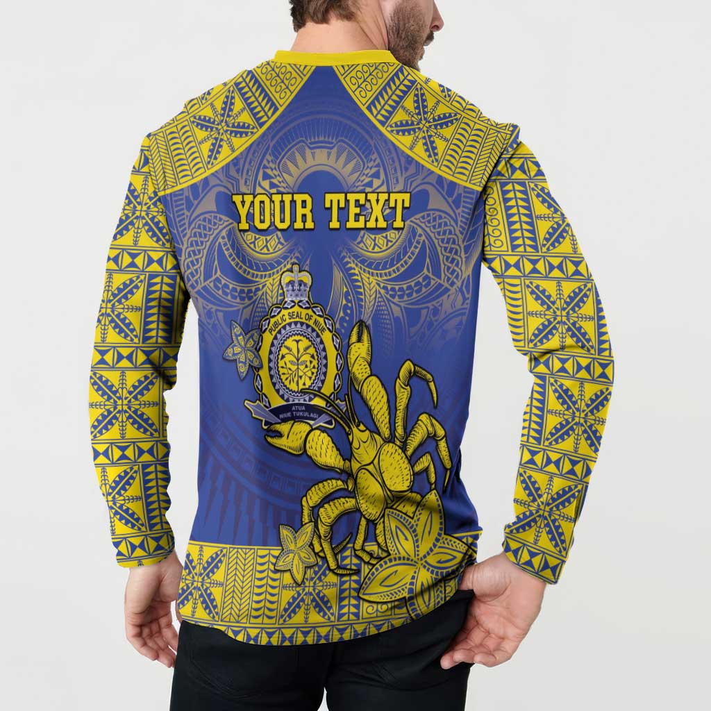 Personalised Niue The Rock Button Sweatshirt Niuean Crab Hiapo Pattern Blue Version LT05 - Polynesian Pride