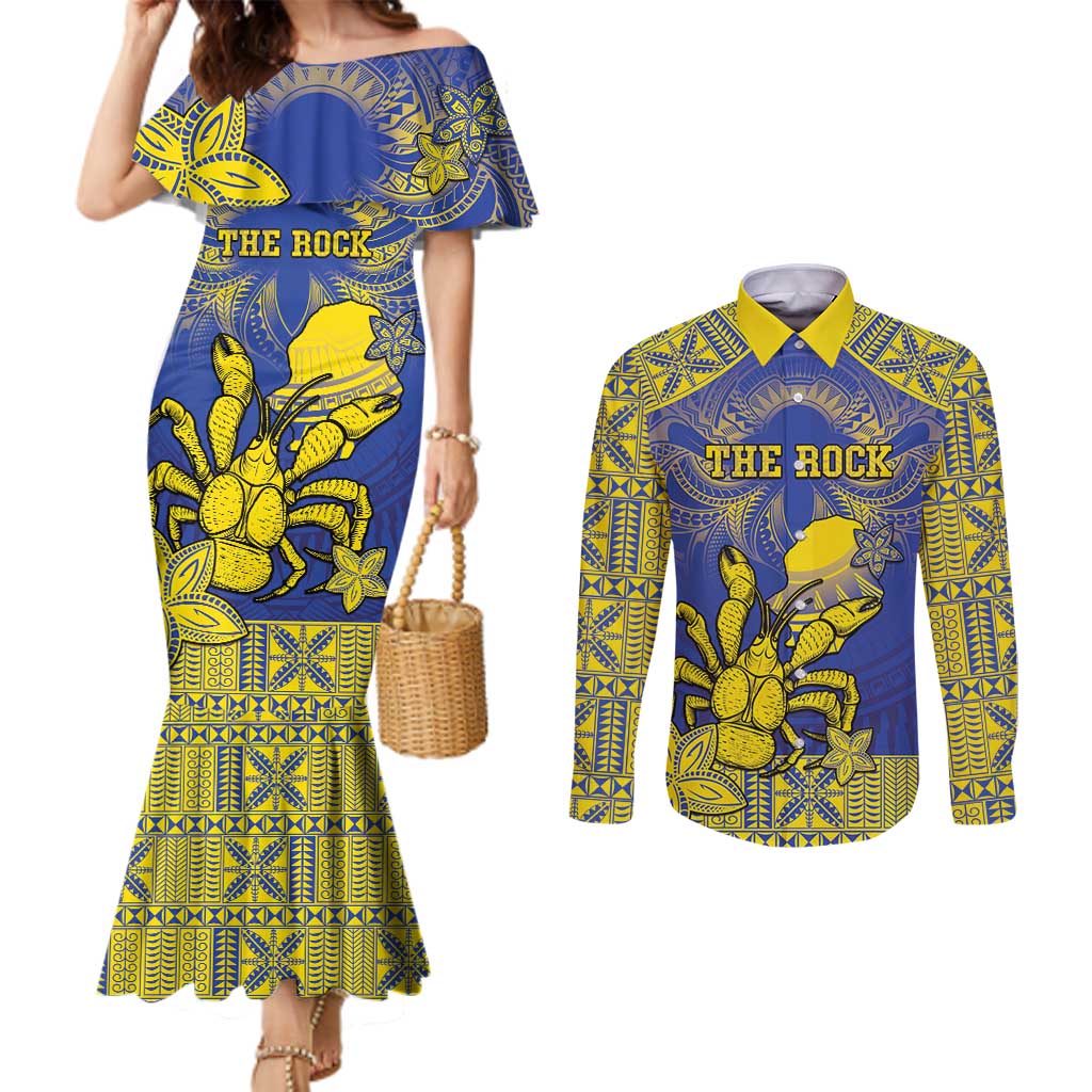 Personalised Niue The Rock Couples Matching Mermaid Dress and Long Sleeve Button Shirt Niuean Crab Hiapo Pattern Blue Version