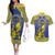 Personalised Niue The Rock Couples Matching Off The Shoulder Long Sleeve Dress and Hawaiian Shirt Niuean Crab Hiapo Pattern Blue Version