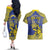 Personalised Niue The Rock Couples Matching Off The Shoulder Long Sleeve Dress and Hawaiian Shirt Niuean Crab Hiapo Pattern Blue Version