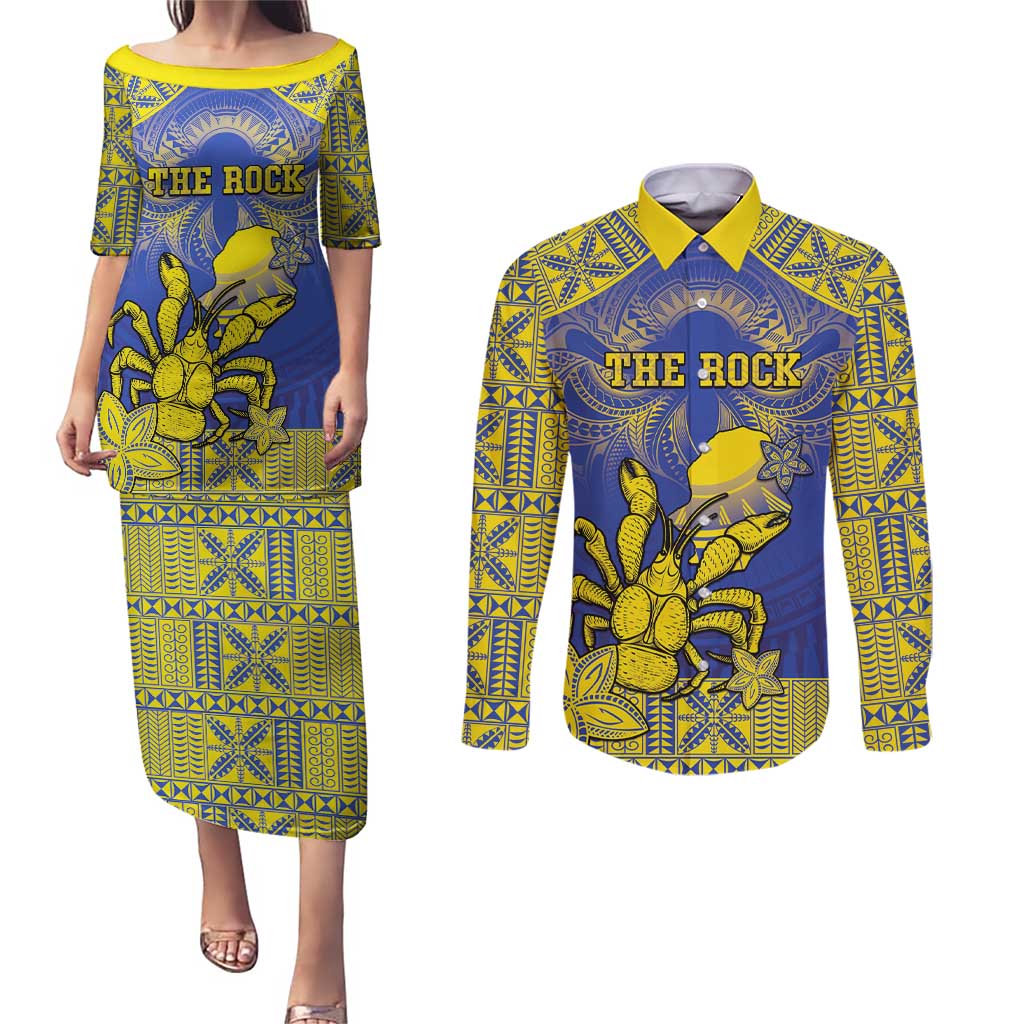Personalised Niue The Rock Couples Matching Puletasi and Long Sleeve Button Shirt Niuean Crab Hiapo Pattern Blue Version LT05 Blue - Polynesian Pride