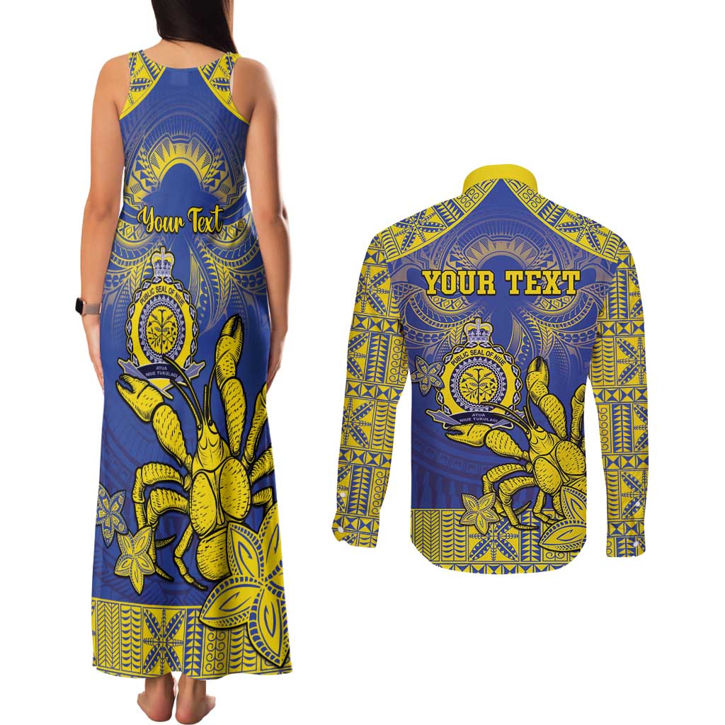 Personalised Niue The Rock Couples Matching Tank Maxi Dress and Long Sleeve Button Shirt Niuean Crab Hiapo Pattern Blue Version