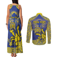 Personalised Niue The Rock Couples Matching Tank Maxi Dress and Long Sleeve Button Shirt Niuean Crab Hiapo Pattern Blue Version