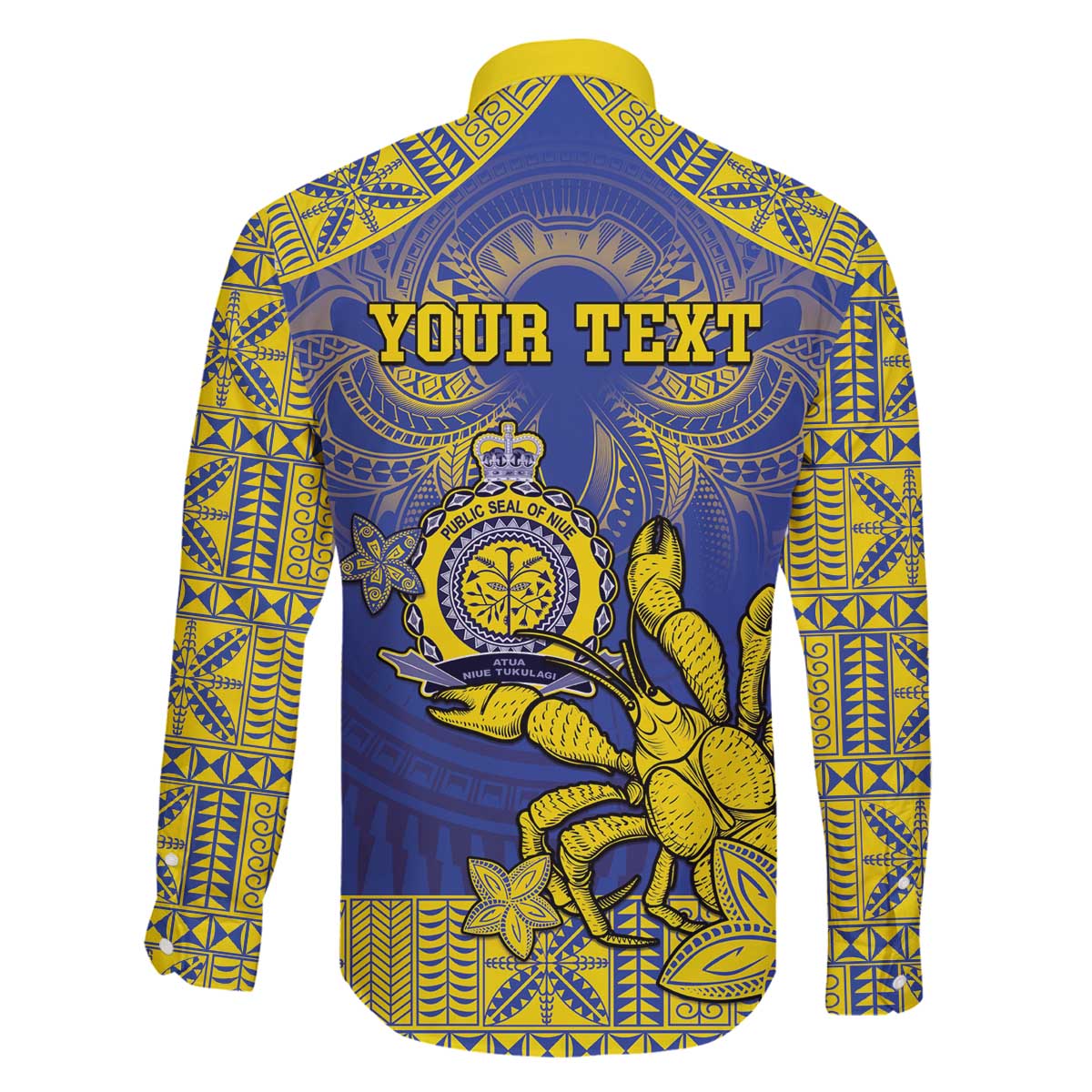 Personalised Niue The Rock Family Matching Off The Shoulder Long Sleeve Dress and Hawaiian Shirt Niuean Crab Hiapo Pattern Blue Version