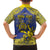 Personalised Niue The Rock Family Matching Off Shoulder Short Dress and Hawaiian Shirt Niuean Crab Hiapo Pattern Blue Version