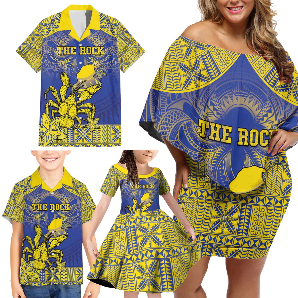 Personalised Niue The Rock Family Matching Off Shoulder Short Dress and Hawaiian Shirt Niuean Crab Hiapo Pattern Blue Version