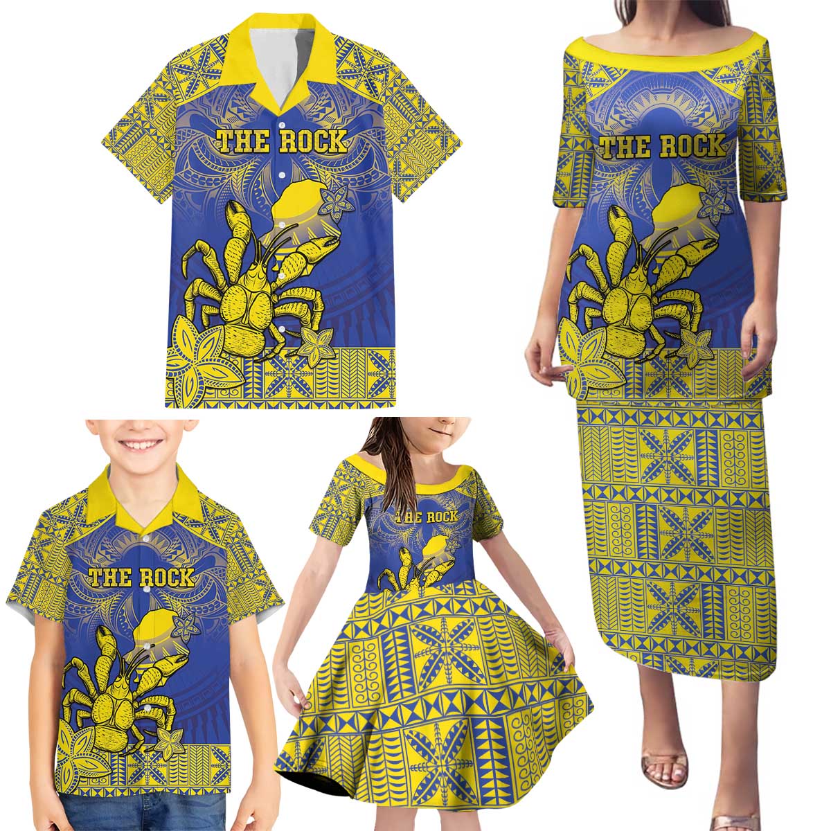 Personalised Niue The Rock Family Matching Puletasi and Hawaiian Shirt Niuean Crab Hiapo Pattern Blue Version