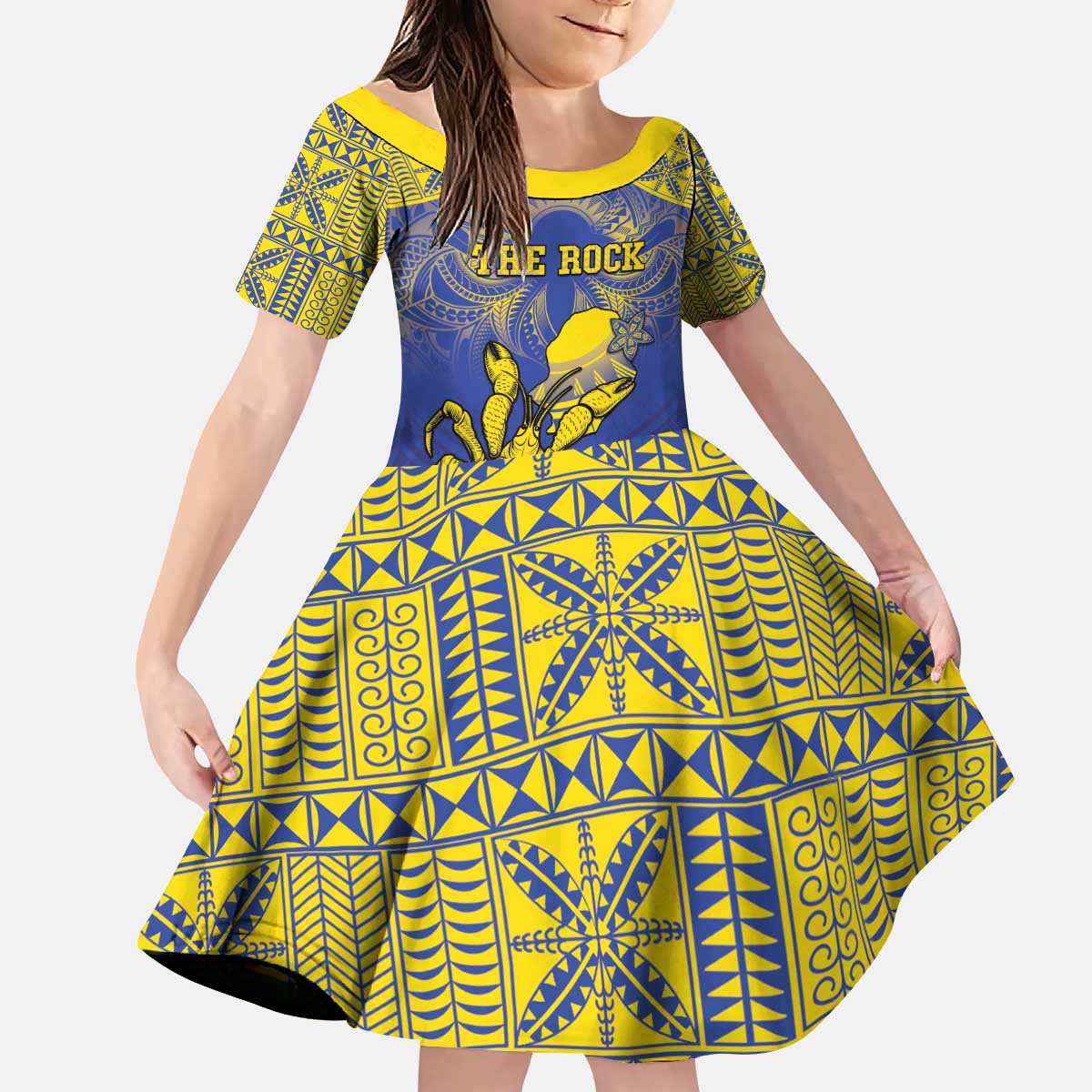 Personalised Niue The Rock Kid Short Sleeve Dress Niuean Crab Hiapo Pattern Blue Version