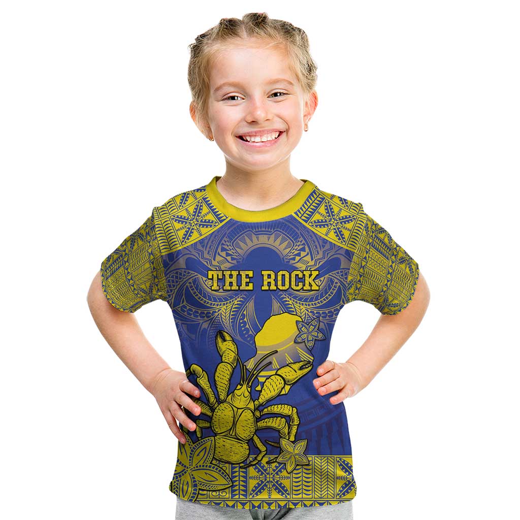 Personalised Niue The Rock Kid T Shirt Niuean Crab Hiapo Pattern Blue Version