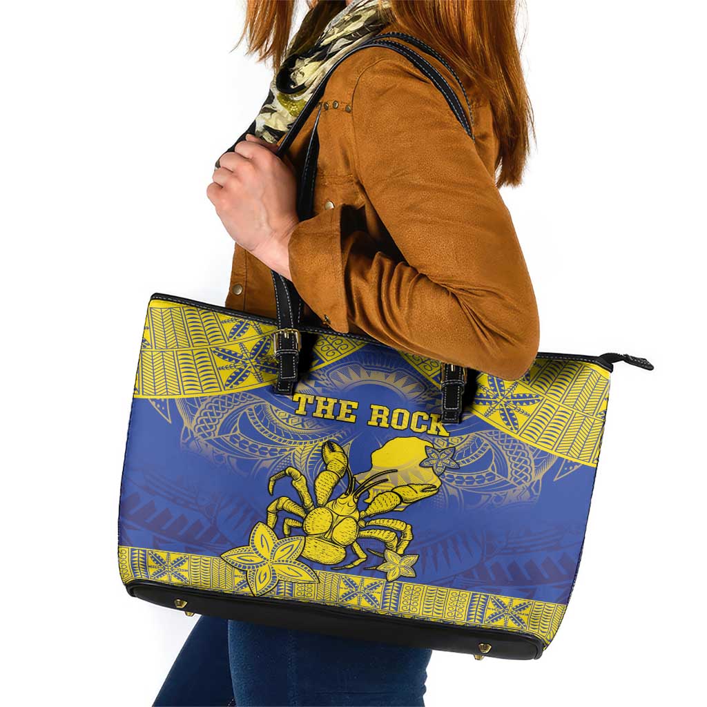 Niue The Rock Leather Tote Bag Niuean Crab Hiapo Pattern Blue Version LT05 Blue - Polynesian Pride