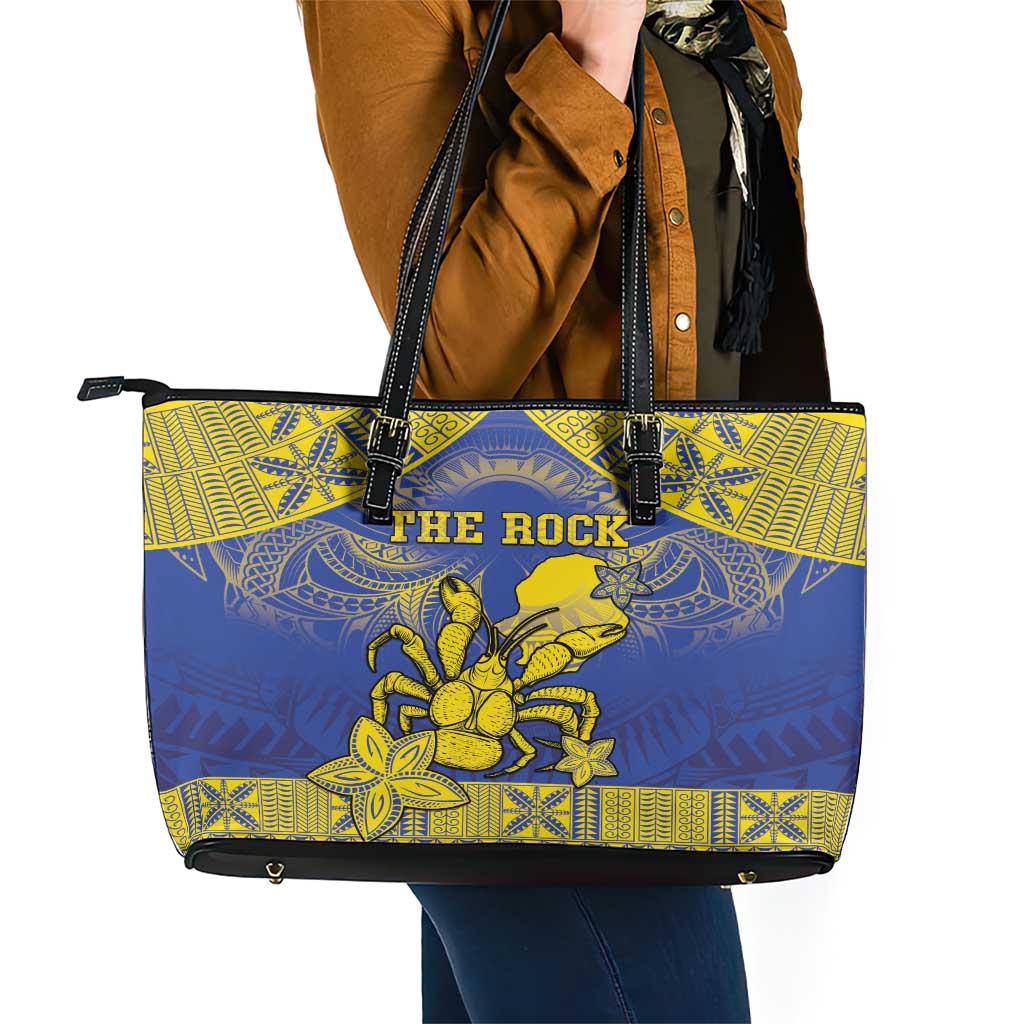 Niue The Rock Leather Tote Bag Niuean Crab Hiapo Pattern Blue Version LT05 - Polynesian Pride