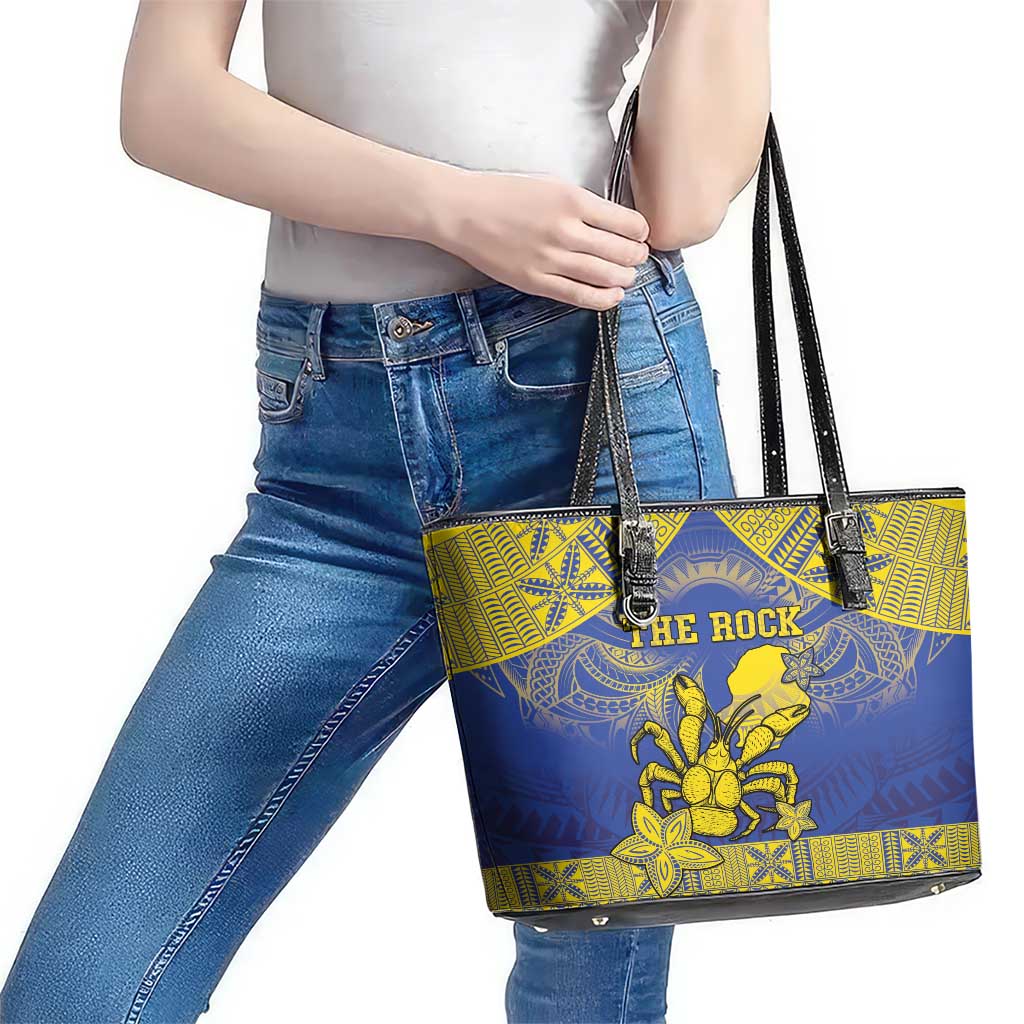 Niue The Rock Leather Tote Bag Niuean Crab Hiapo Pattern Blue Version LT05 - Polynesian Pride