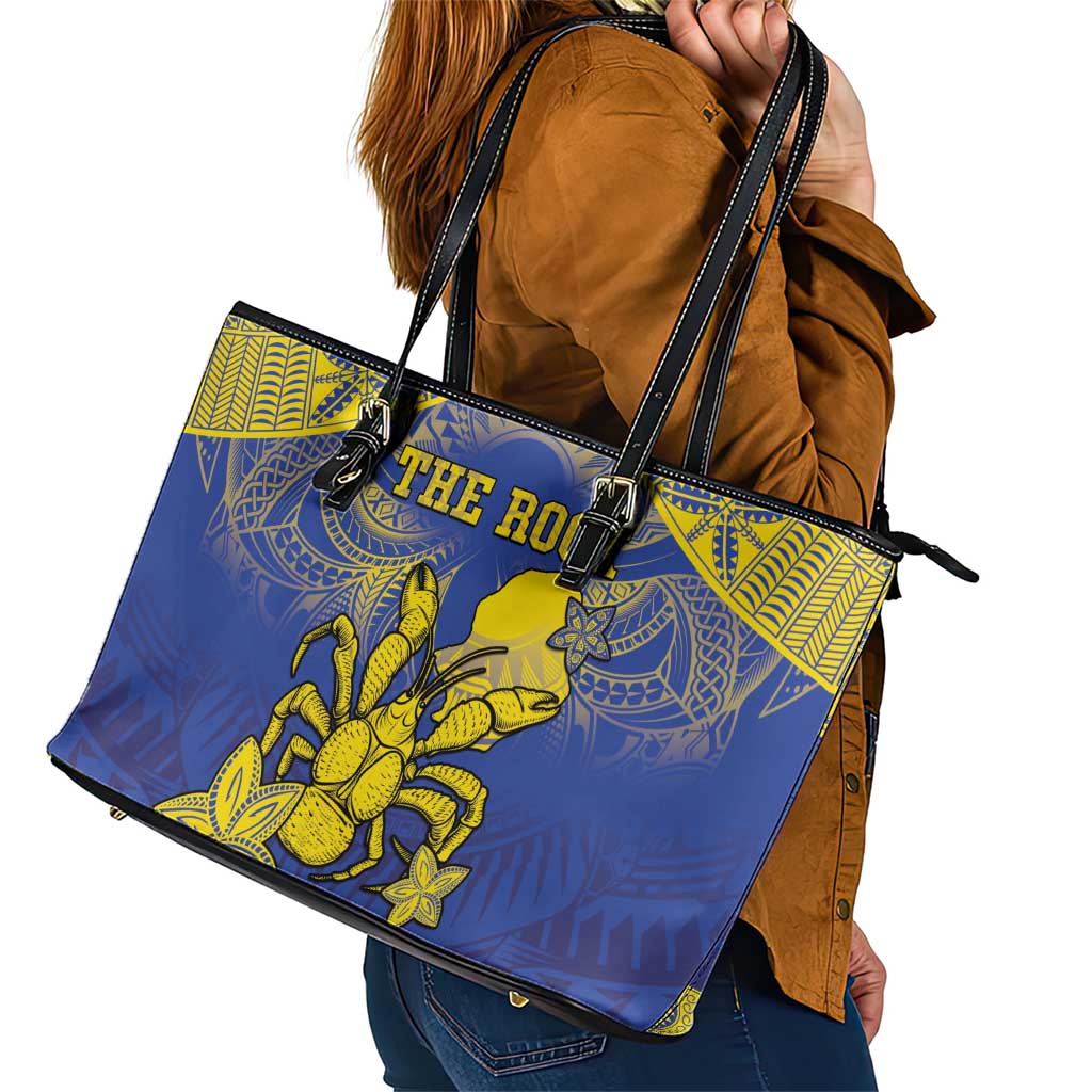 Niue The Rock Leather Tote Bag Niuean Crab Hiapo Pattern Blue Version LT05 - Polynesian Pride