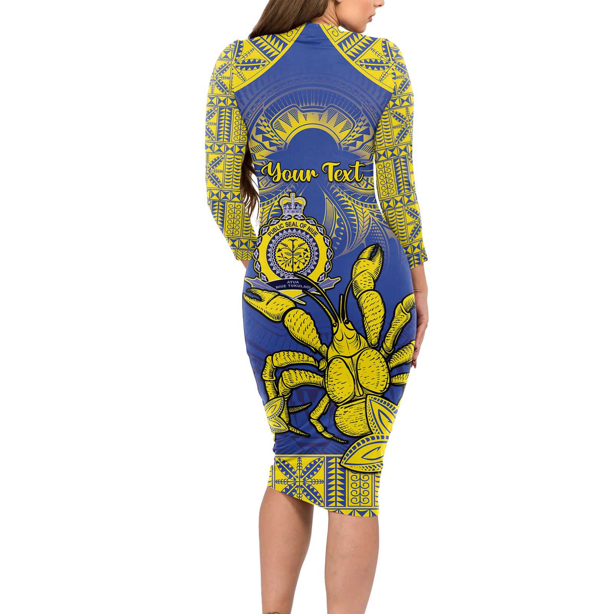 Personalised Niue The Rock Long Sleeve Bodycon Dress Niuean Crab Hiapo Pattern Blue Version
