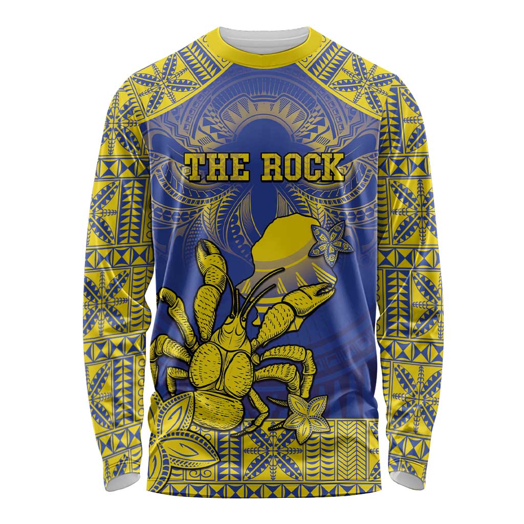 Personalised Niue The Rock Long Sleeve Shirt Niuean Crab Hiapo Pattern Blue Version