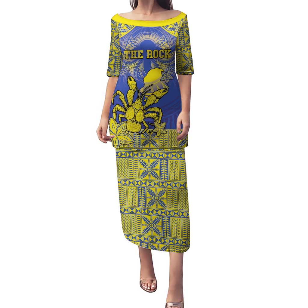 Personalised Niue The Rock Puletasi Niuean Crab Hiapo Pattern Blue Version LT05 Long Dress Blue - Polynesian Pride