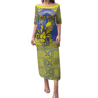 Personalised Niue The Rock Puletasi Niuean Crab Hiapo Pattern Blue Version LT05 Long Dress Blue - Polynesian Pride
