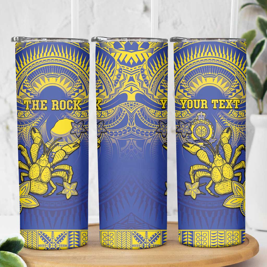 Personalised Niue The Rock Skinny Tumbler Niuean Crab Hiapo Pattern Blue Version