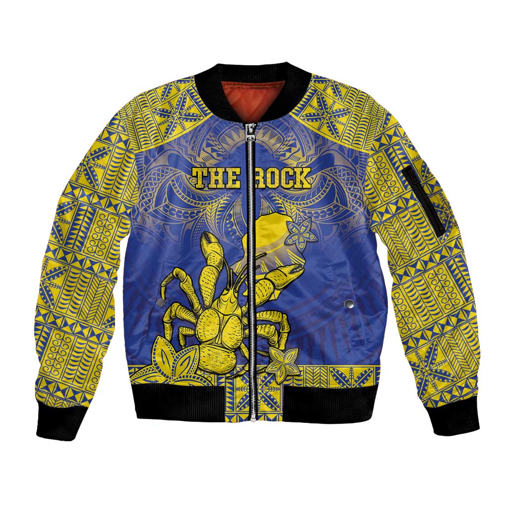 Personalised Niue The Rock Sleeve Zip Bomber Jacket Niuean Crab Hiapo Pattern Blue Version