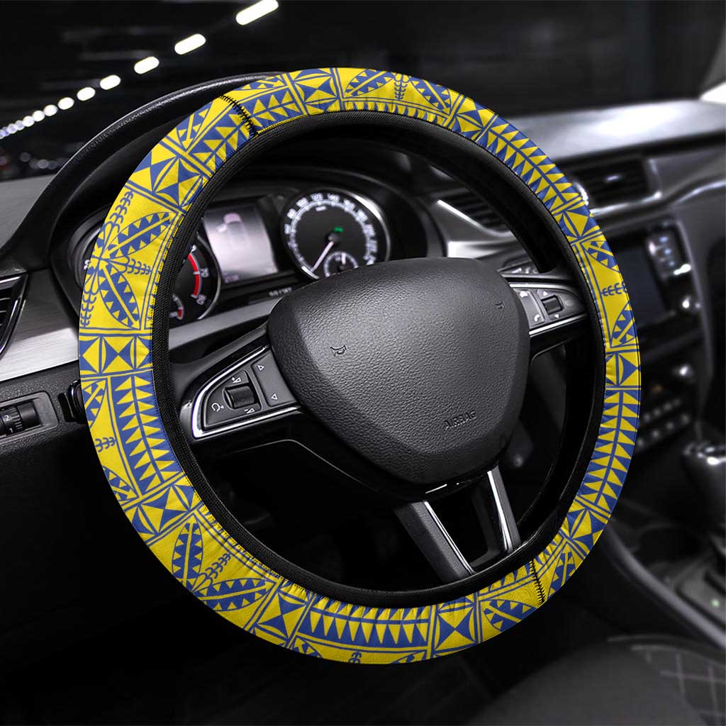 Niue The Rock Steering Wheel Cover Niuean Crab Hiapo Pattern Blue Version