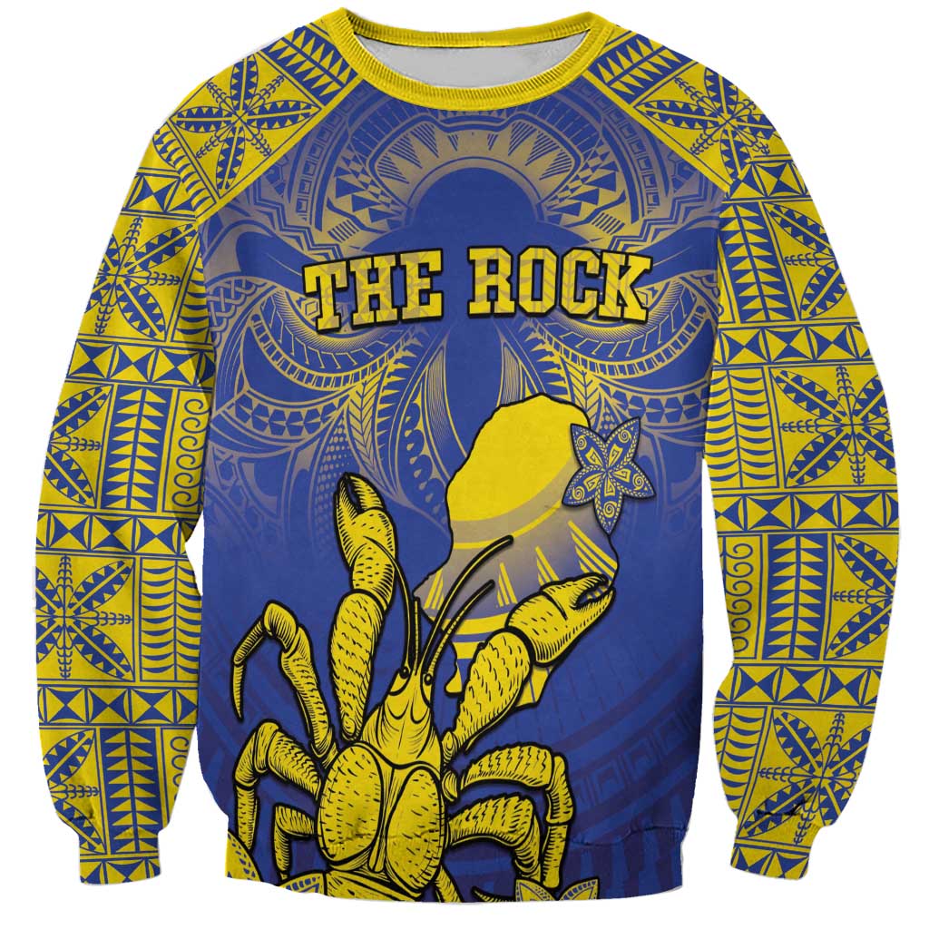 Personalised Niue The Rock Sweatshirt Niuean Crab Hiapo Pattern Blue Version