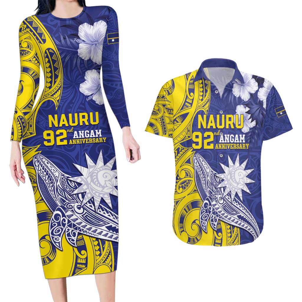 Personalised Nauru 92nd Anniversary Of Angam Couples Matching Long Sleeve Bodycon Dress and Hawaiian Shirt Polynesian Whale Pattern