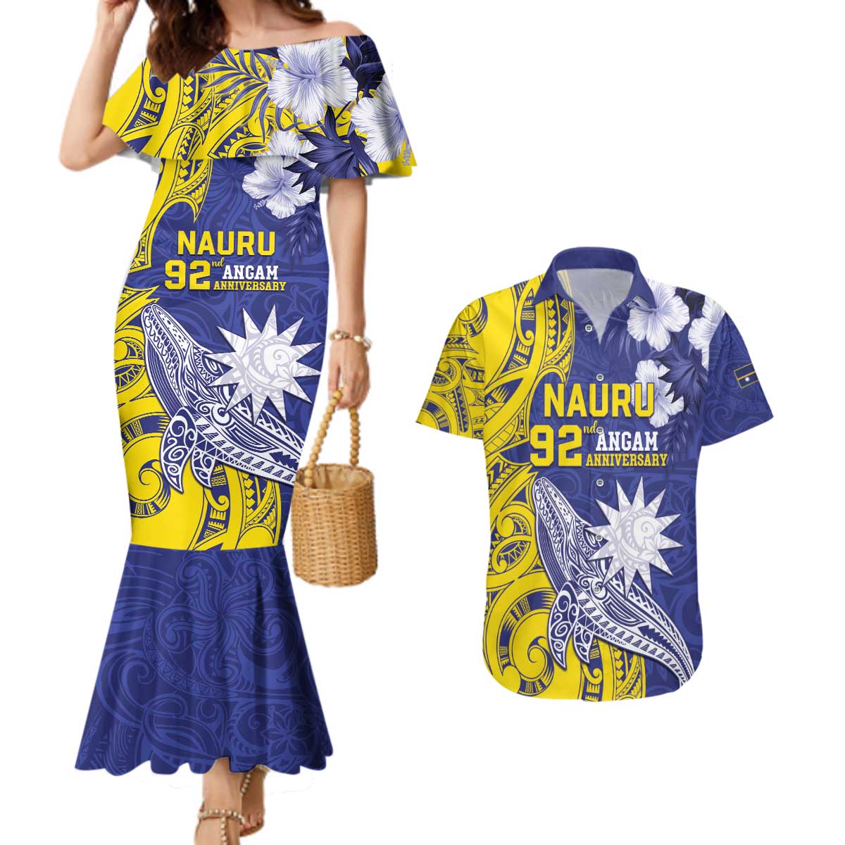 Personalised Nauru 92nd Anniversary Of Angam Couples Matching Mermaid Dress and Hawaiian Shirt Polynesian Whale Pattern