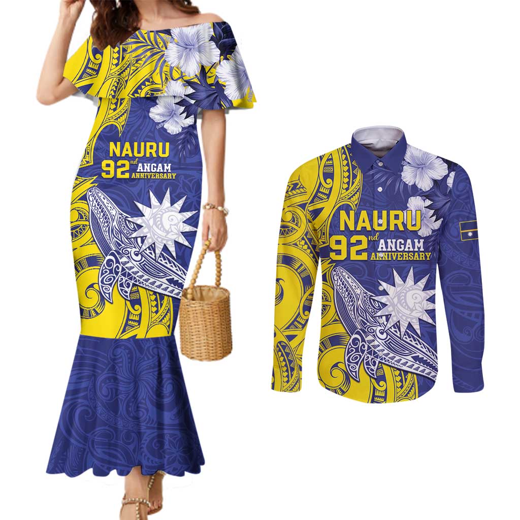 Personalised Nauru 92nd Anniversary Of Angam Couples Matching Mermaid Dress and Long Sleeve Button Shirt Polynesian Whale Pattern