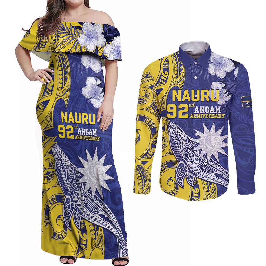 Personalised Nauru 92nd Anniversary Of Angam Couples Matching Off Shoulder Maxi Dress and Long Sleeve Button Shirt Polynesian Whale Pattern