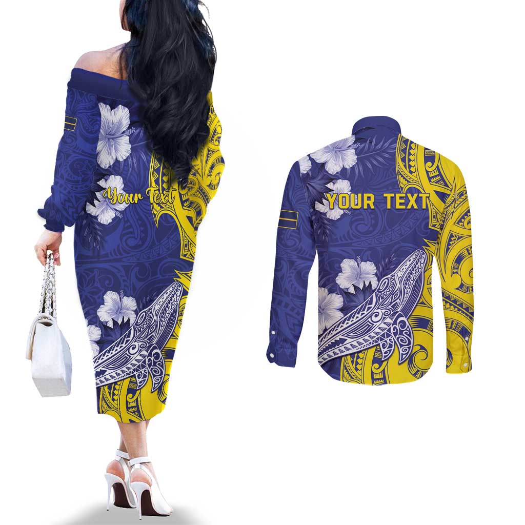 Personalised Nauru 92nd Anniversary Of Angam Couples Matching Off The Shoulder Long Sleeve Dress and Long Sleeve Button Shirt Polynesian Whale Pattern