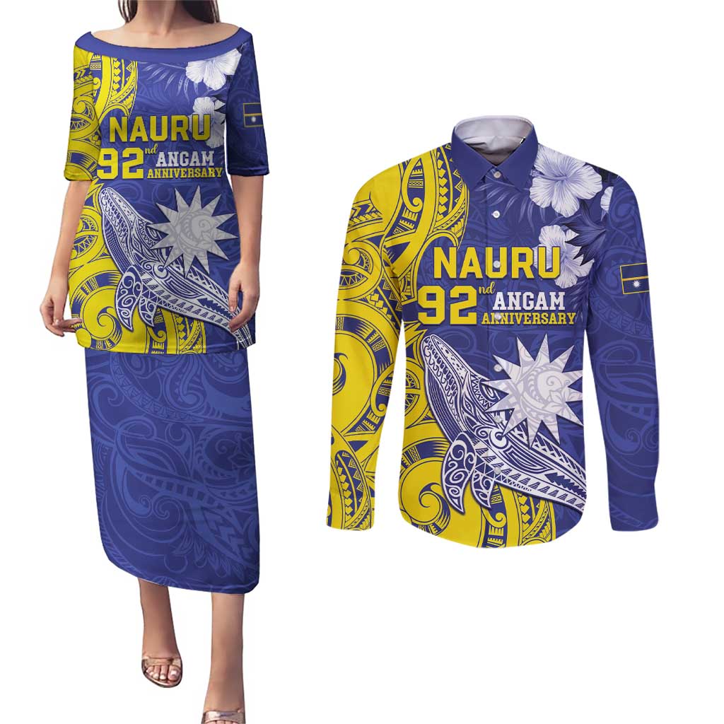 Personalised Nauru 92nd Anniversary Of Angam Couples Matching Puletasi and Long Sleeve Button Shirt Polynesian Whale Pattern