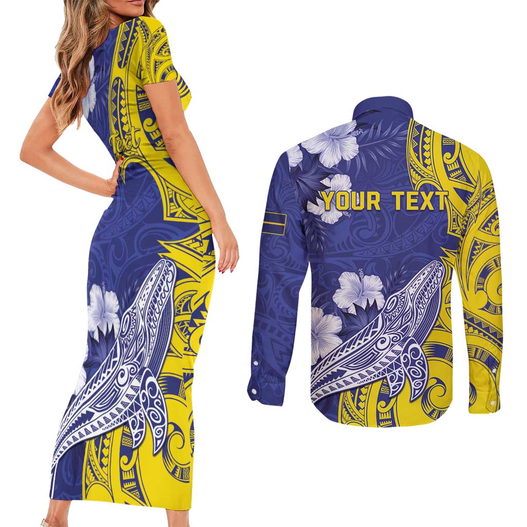 Personalised Nauru 92nd Anniversary Of Angam Couples Matching Short Sleeve Bodycon Dress and Long Sleeve Button Shirt Polynesian Whale Pattern
