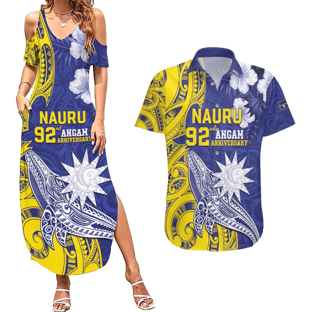 Personalised Nauru 92nd Anniversary Of Angam Couples Matching Summer Maxi Dress and Hawaiian Shirt Polynesian Whale Pattern